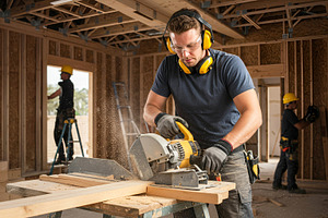 Carpenter Using Circular Saw on Cons, an Industrial Photo by Stock Shape