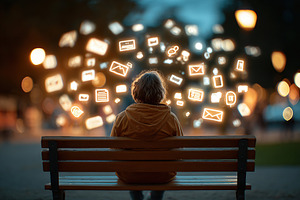 Person sitting alone on a park bench surrounded by floating digital icons at du, a Photo by AlyaAnd