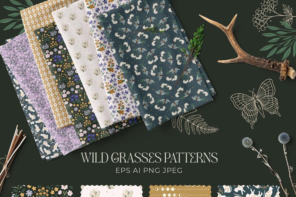 Wild Grass Mystic pattern&clipart, a Background Graphic by Cozy pattern shop (Photo 4 of 12)
