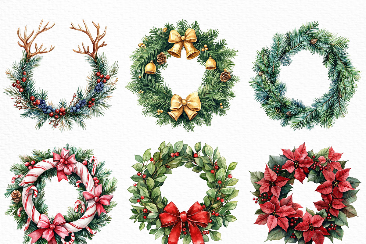 Watercolor Christmas Wreath Clipart, an Illustration by Craft Nest (Photo 3 of 6)