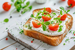 Sandwich with cream cheese, microgreens and tomatoes on wooden table, a Food & Drink Photo by AlyaAnd