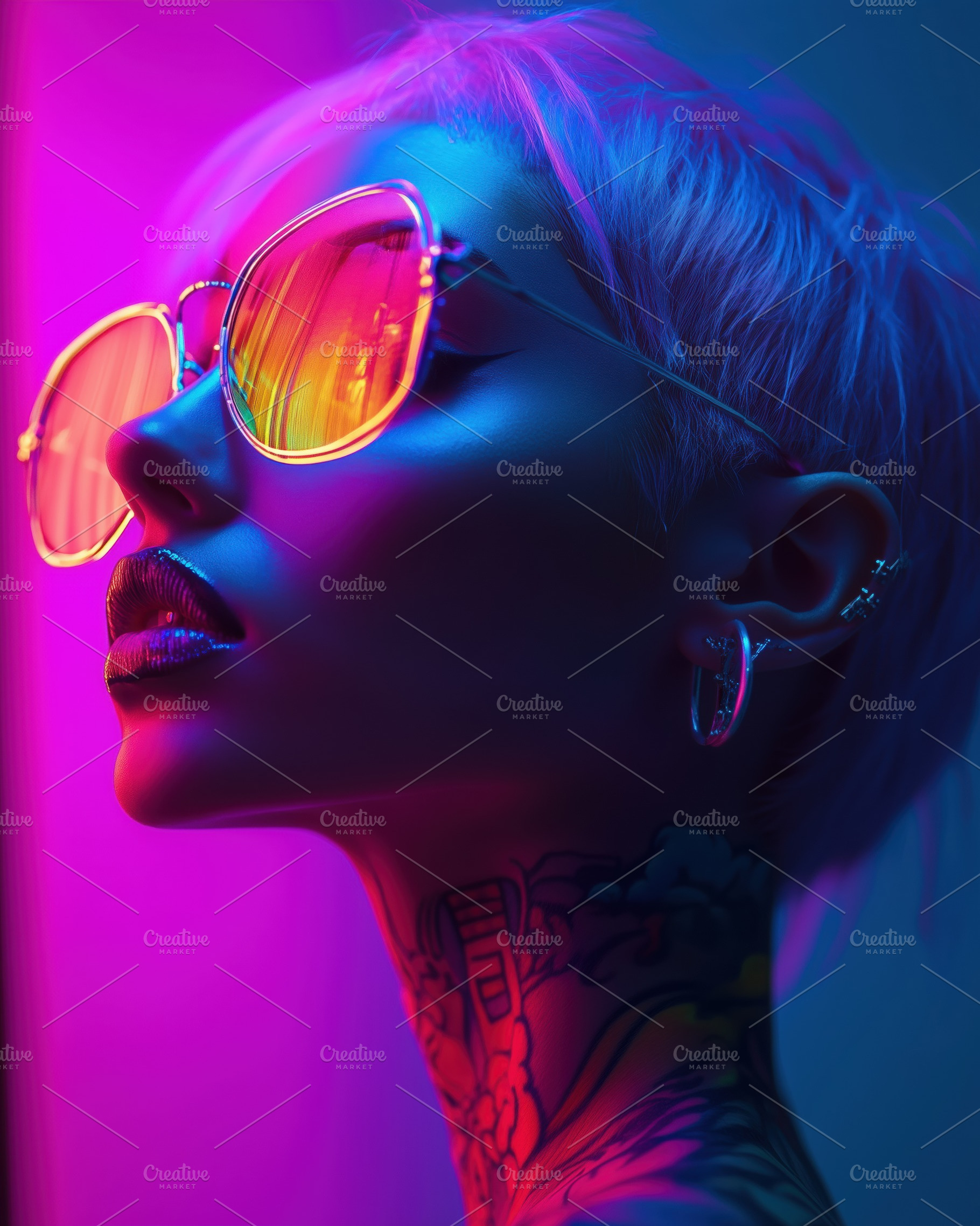 A stylish individual with short, platinum blonde hair and vibrant, reflective s, a Person Photo by Textures & Backgrounds