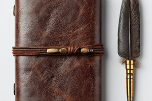 Brown Leather Journal and Quill Pen, a Photo by Pixeness Studio