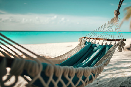 A hammock hanging between two palm trees on a tropical beach wit