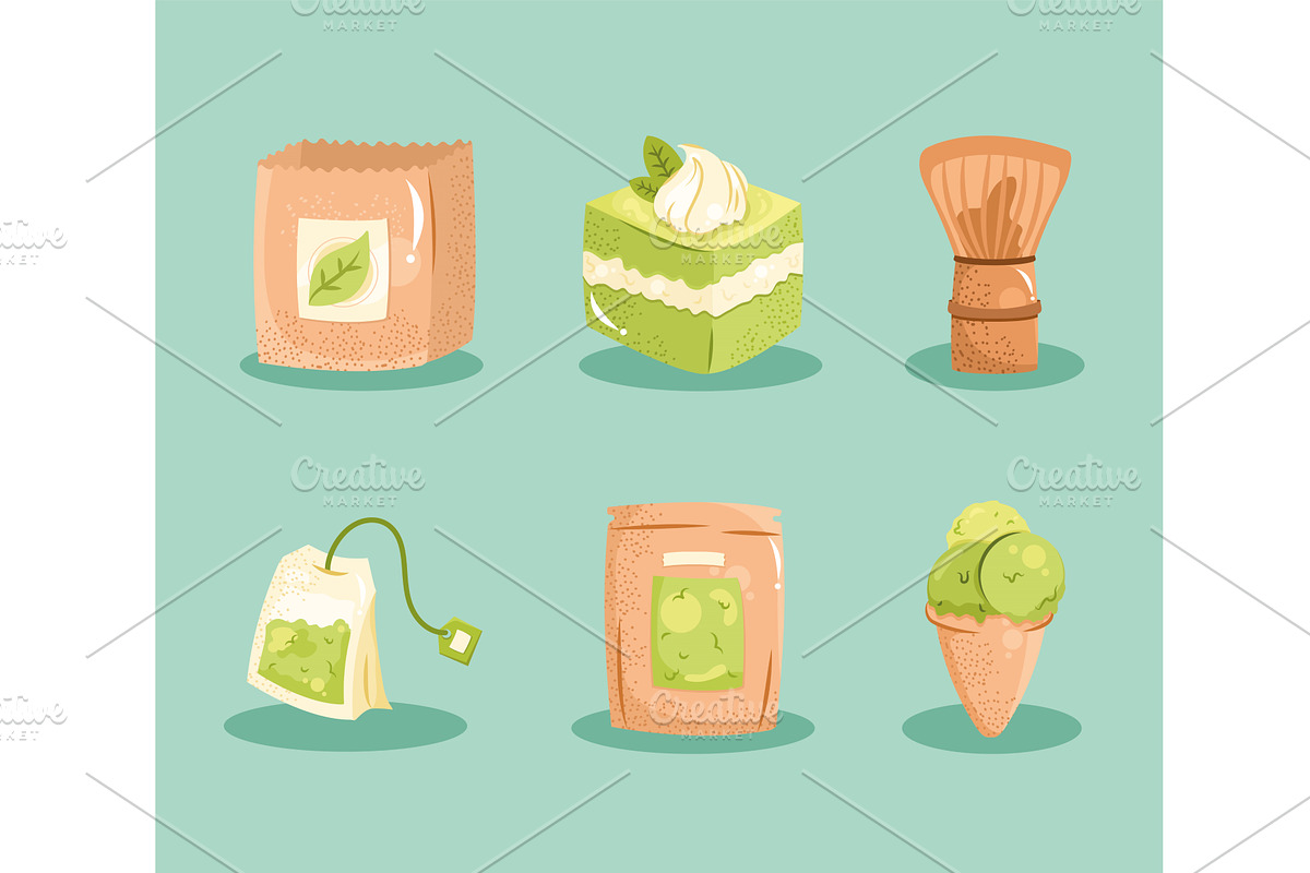 six matcha tea icons, a Food Illustration by studiogstock