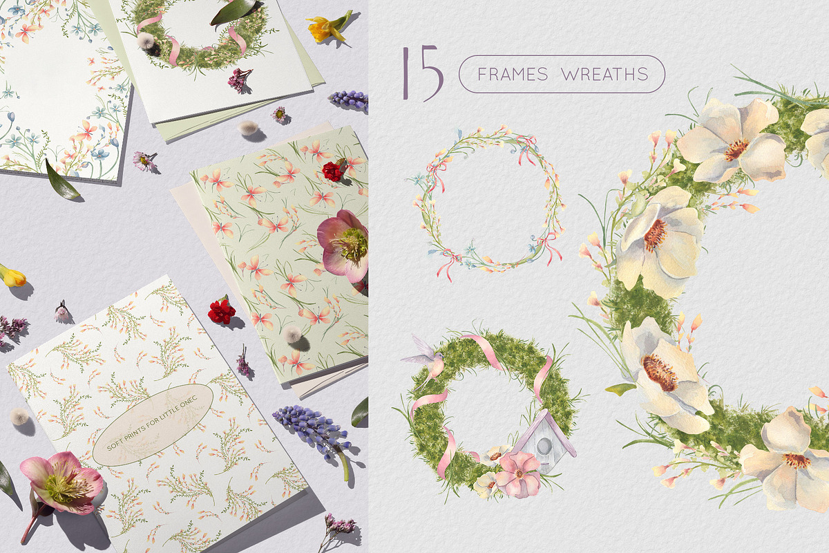 Birds and flowers watercolor clipart, a Decorative Illustration by Kate Lanbina (Photo 7 of 15)