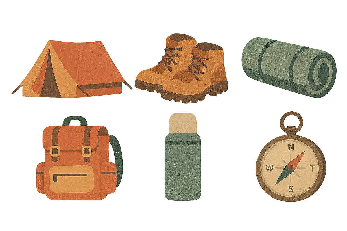 Vintage outdoor hiking set with tent, an Illustration by Dvoevnore photos