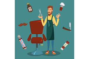 Cute Barber Vector. Cartoon Happy