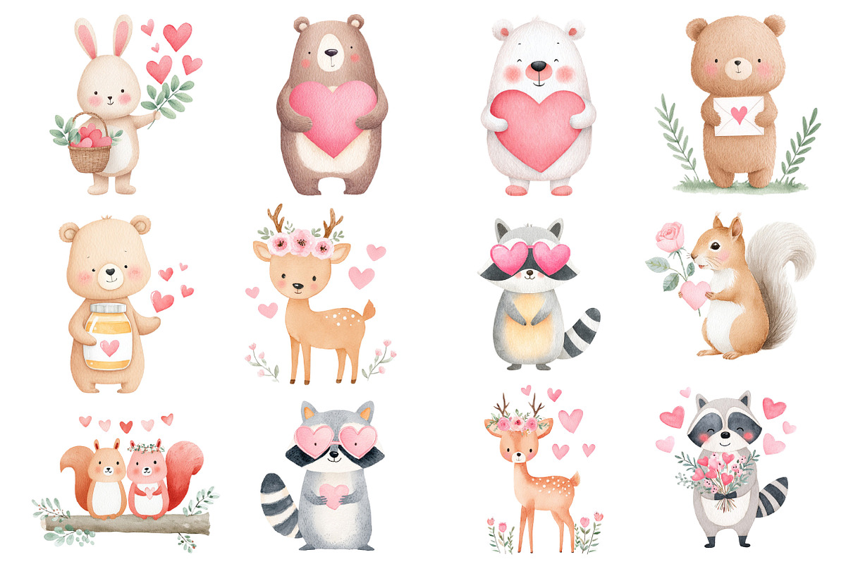 Watercolor Animals Valentine's Clipa, an Illustration by Dream Creation (Photo 4 of 7)