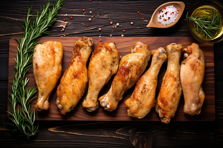 Grilled chicken legs with rosemary on brown wooden background, a Food & Drink Photo by AlyaAnd