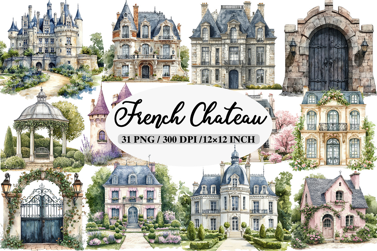 French Chateau Watercolor Clipart, a Texture Illustration by Daily.Designs (Photo 1 of 5)