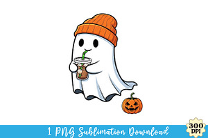 Cute Ghost Drinking Coffee Png, an Illustration by Watercolor design