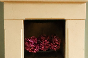 Stone fireplace featuring vibrant faux pink hydrangea flowers, enhancing an ele, a Photo by Studio ANNA