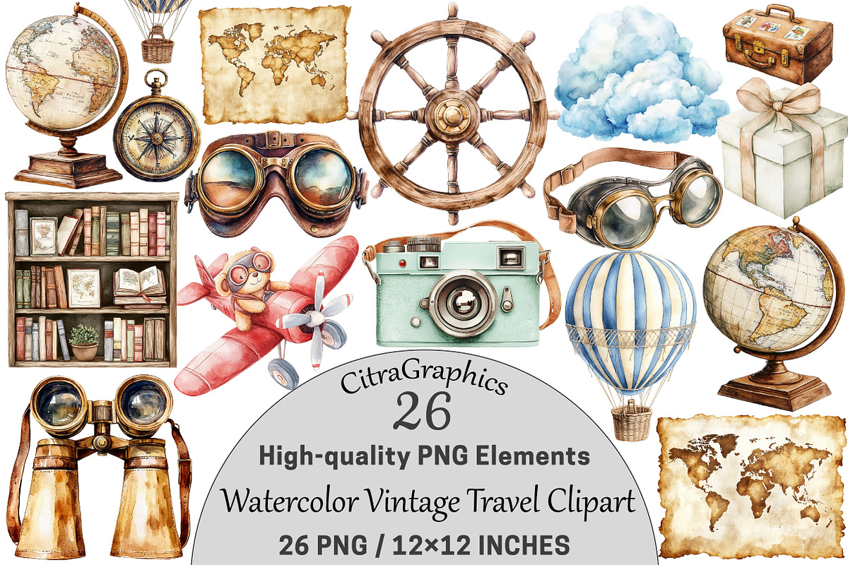 Watercolor Vintage Travel Clipart, a Seasonal Illustration by CitraGraphics (Photo 1 of 4)