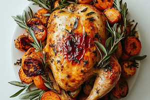 Chicken on white plate with carrots, a Food & Drink Photo by Pixeness Studio