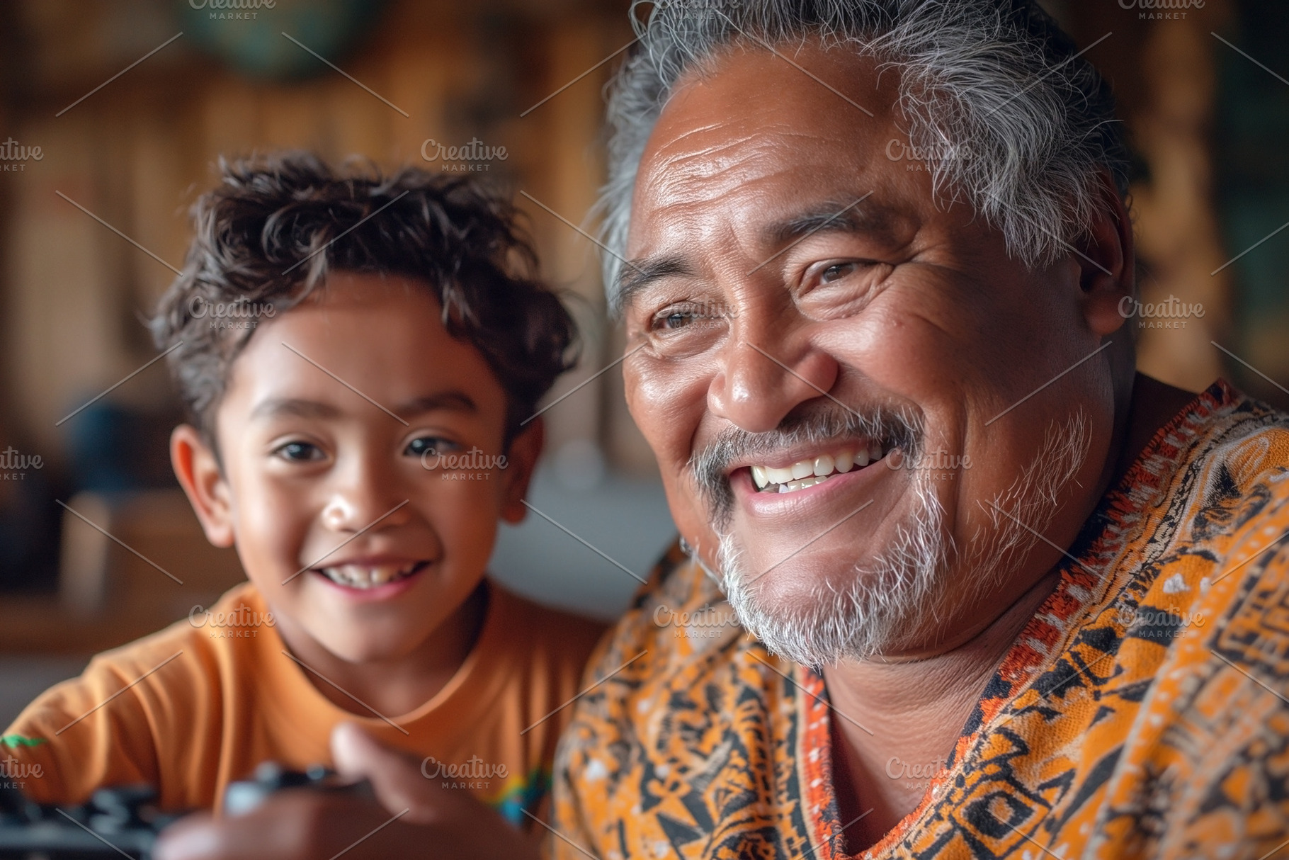 A joyful moment between a smiling Pacific Islander grandfather a, a Person Photo by ImageMir