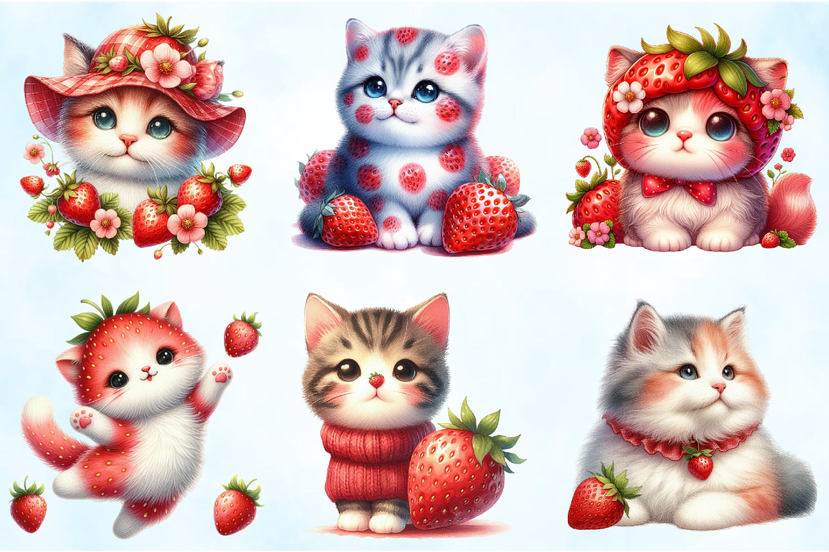 Strawberry Cat Clipart Sublimation, an Illustration by Craft Nest (Photo 3 of 5)