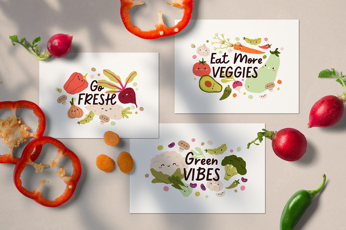 Cute funny vegetables, stickers set, a Food Illustration by Good Studio (Photo 1 of 7)