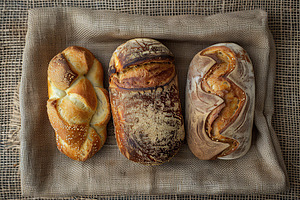 Different kinds of baked bread on burlap, a Food & Drink Photo by AlyaAnd