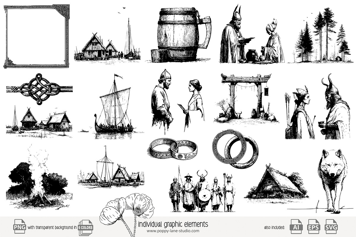 100 line art Viking clip art, a Person Illustration by Poppy Lane Studio (Photo 6 of 12)