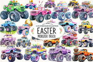 Easter Monster Truck Clipart Bundle, an Illustration by Watercolor design