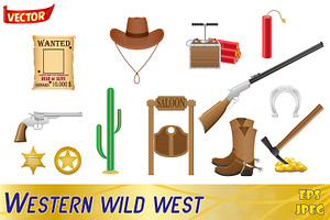 Western Set Icons Wild West Vector