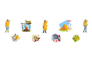 Camping Equipment and Man Camper, a Person Illustration by TopVectors