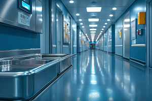 A sterile hospital corridor with shiny floors and stacked trays, conveying a se, a Background Photo by ImageMir