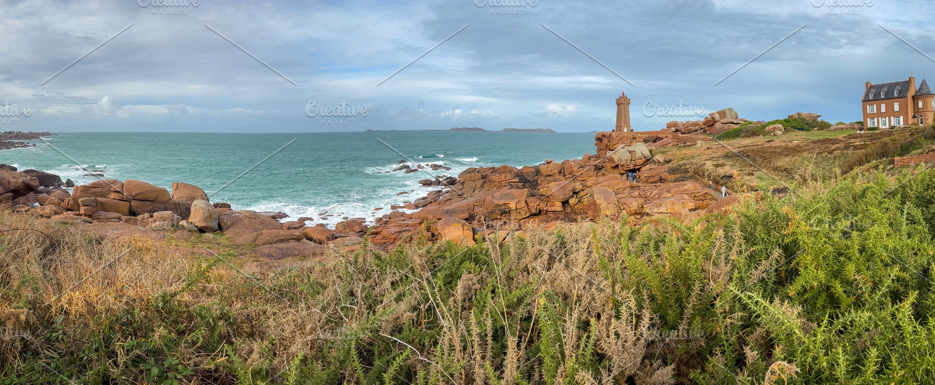 Mean Ruz lighthouse facing rough ocean near Tregastel Brittany F, a Nature Photo by GoodGoods
