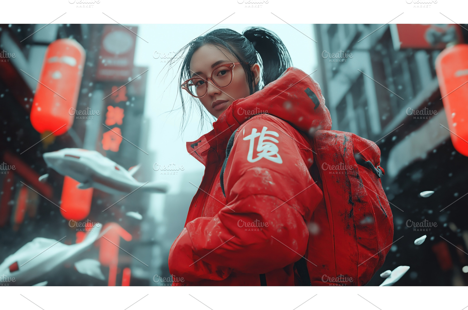 Asian woman in a red jacket with, a Beauty & Fashion Photo by Sergey Kotenev