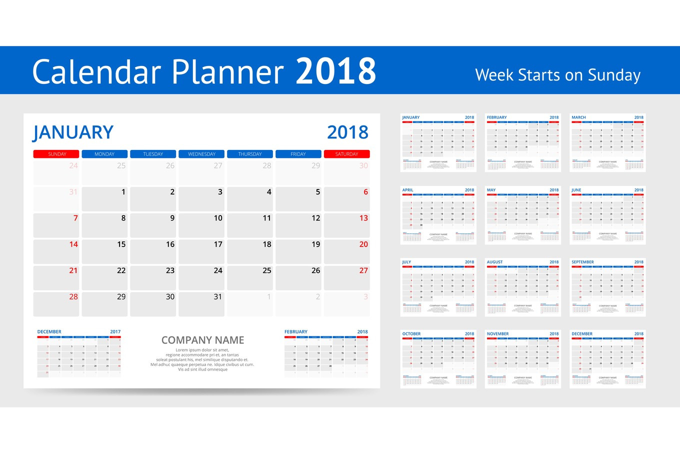 2018 calendar Print Template Week Starts Sunday Portrait Orientation ...