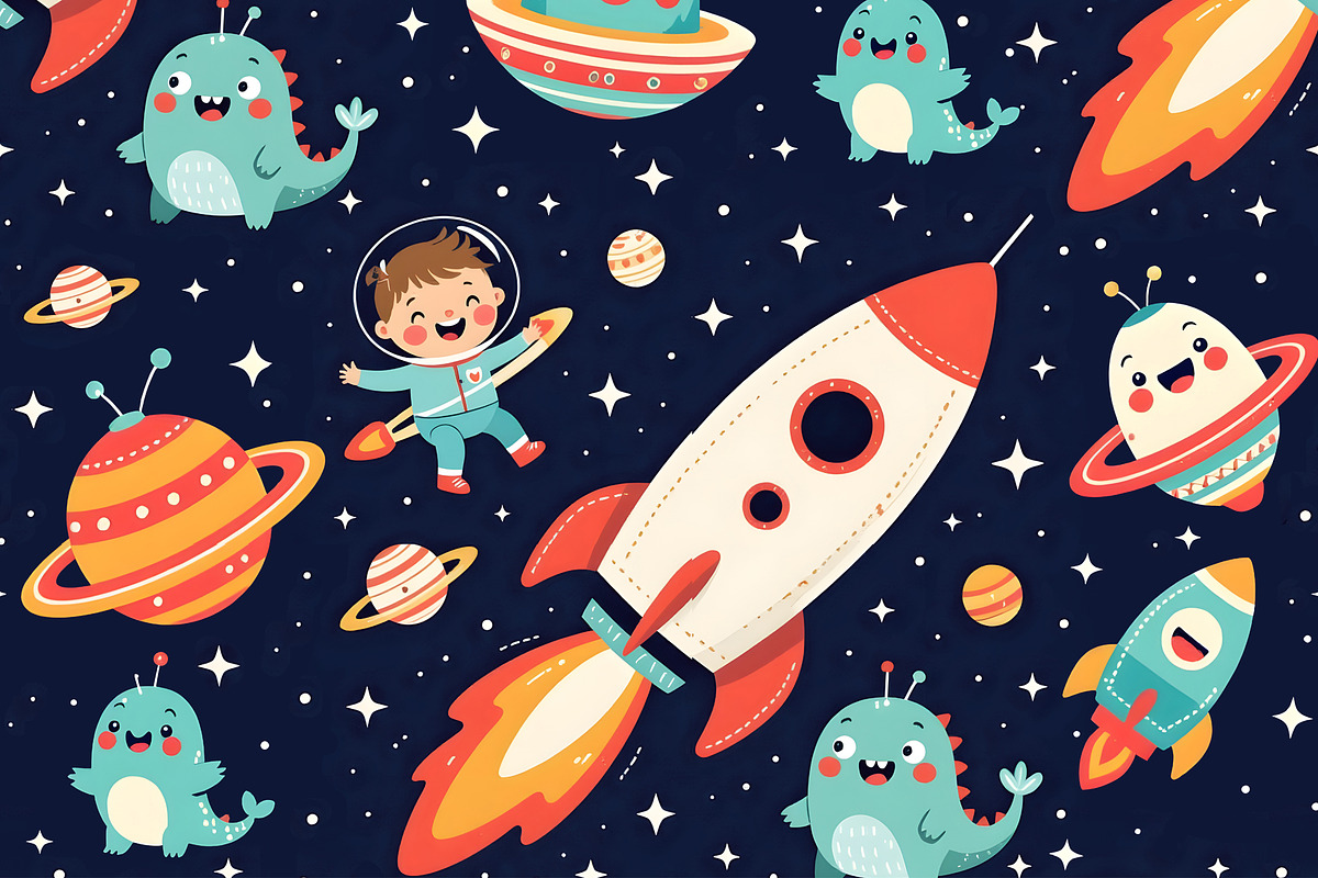 Kids in Outer Space Seamless Repeat, a Person Illustration by Sharon Schwalbe