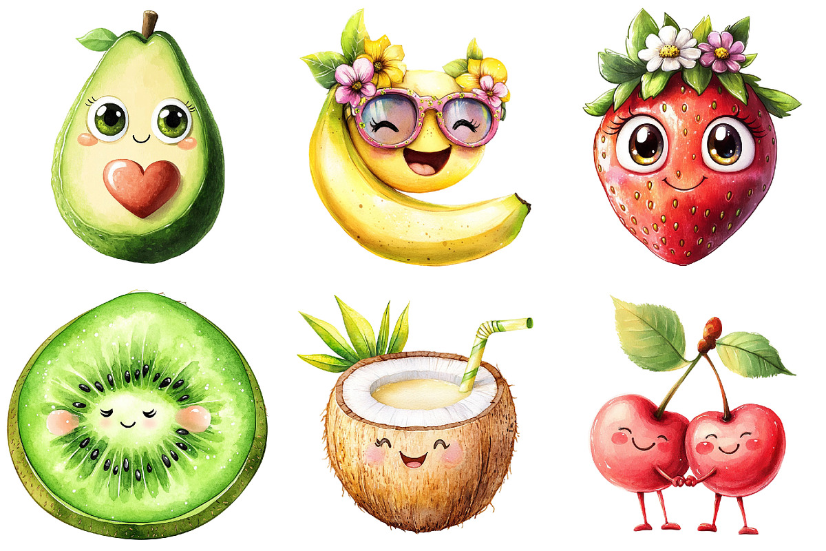 Cute Fruit Clipart,Kawaii Fruits png, an Illustration by Watercolor design (Photo 4 of 5)