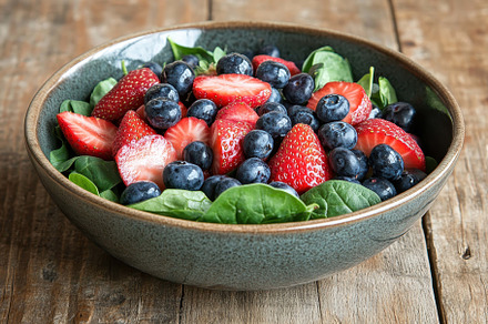 Fresh berry and spinach salad in a r, a Photo by Tanuart