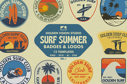 Vintage Surf Badge Logo Templates, a Branding & Logo Template by Golden Vision Studio
