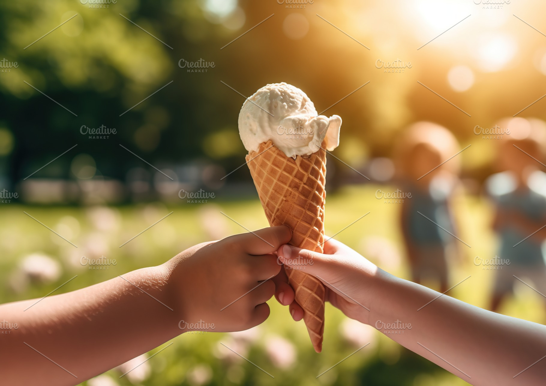 Children hands holding ice cream in waffle, outdoors. Generative AI, a Food & Drink Photo by AlyaAnd