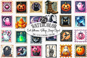 Cool Halloween Postage Stamps PNG, an Illustration by Designking
