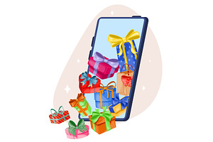 Smartphone with gift boxes falling, an Object Illustration by Vectorbuum