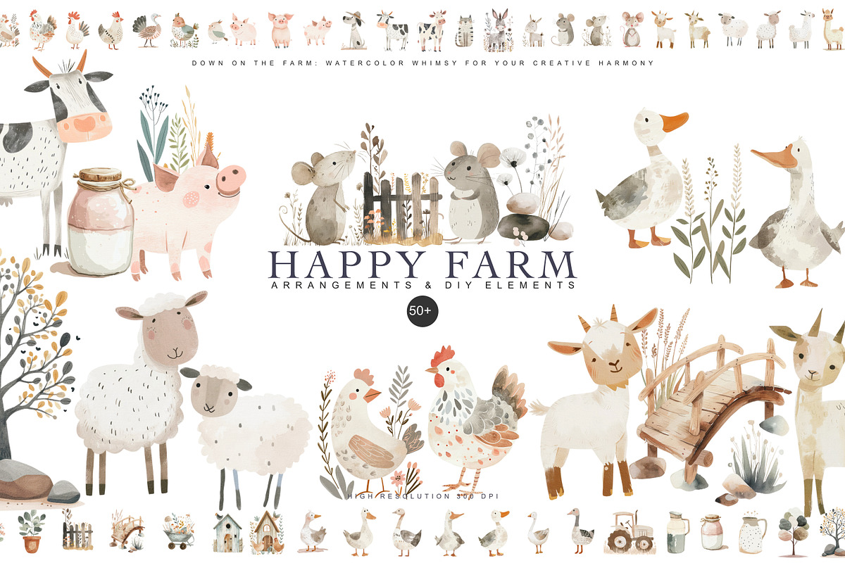 watercolor farm animal clipart set, an Animal Illustration by Pink Studio Art (Photo 1 of 13)