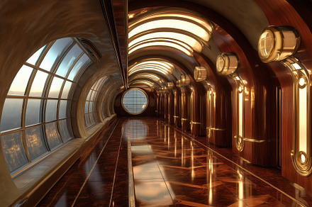 A futuristic Art Deco interior design style corridor with large windows, wooden, an Industrial Photo by Textures & Backgrounds