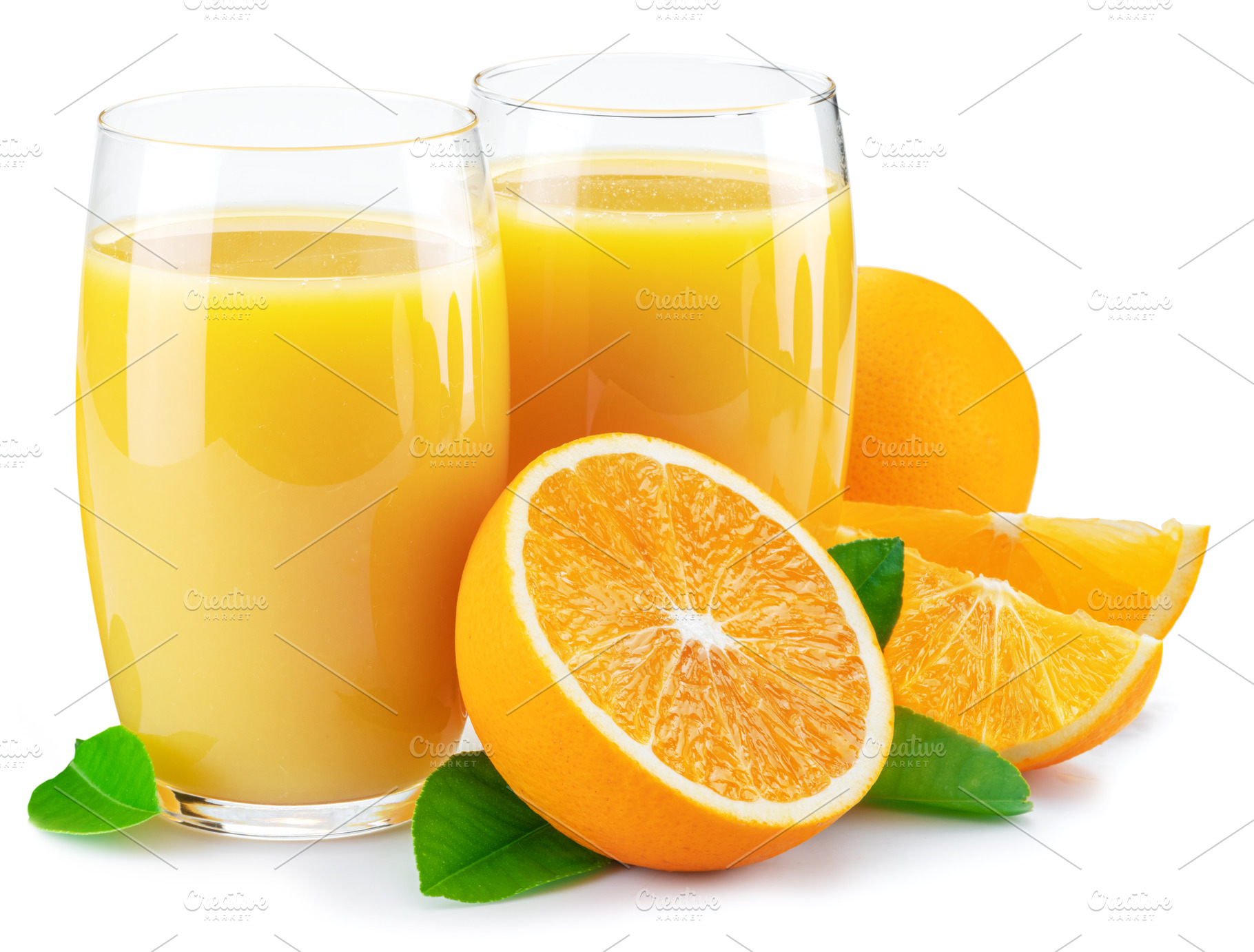 Glasses of fresh orange juice and orange fruits isolated on whit, a Food & Drink Photo by Volff