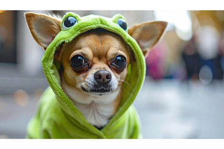 Chihuahua dog wearing a green frog