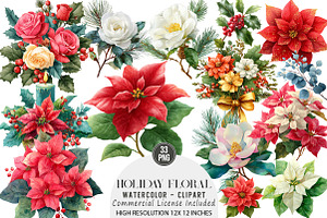 Watercolor Holiday Floral Clipart, an Illustration by DreamArtGraphic