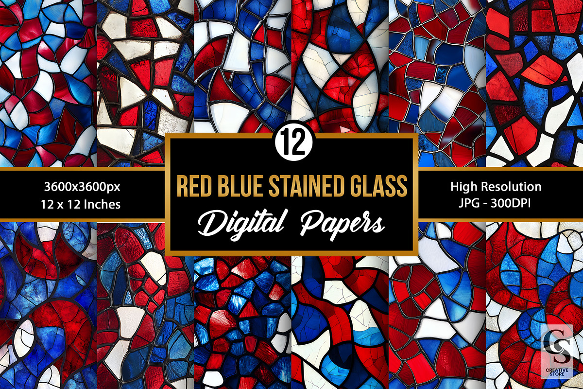 Red Blue Stained Glass Digital Paper, a Pattern Graphic by Creative Store (Photo 1 of 5)