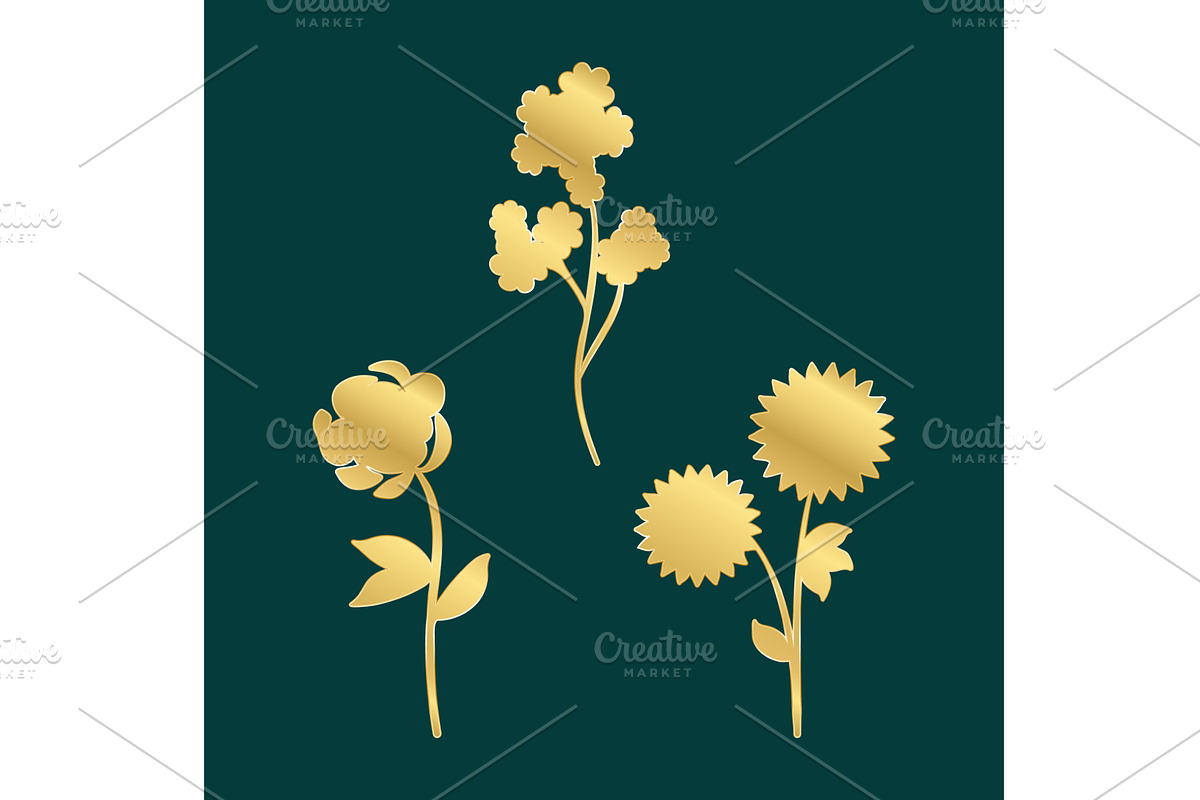Golden floral elements trio set on, an Illustration by okskukuruza