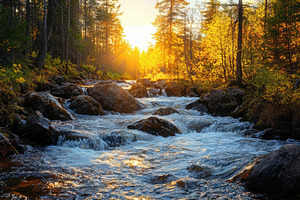 Golden Sunset River Flowing Through, a Photo by Pixeness Studio
