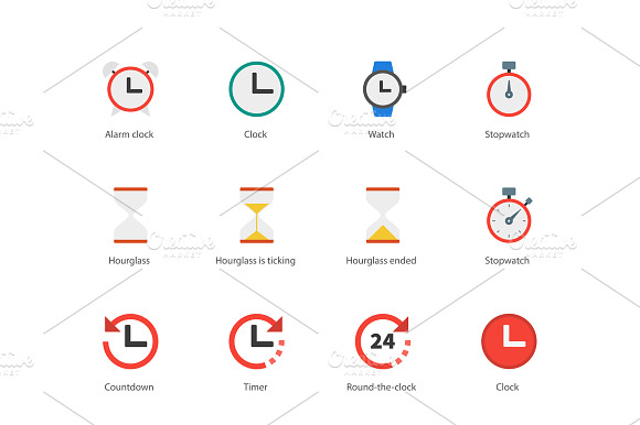 Time And Clock Color Icons On White