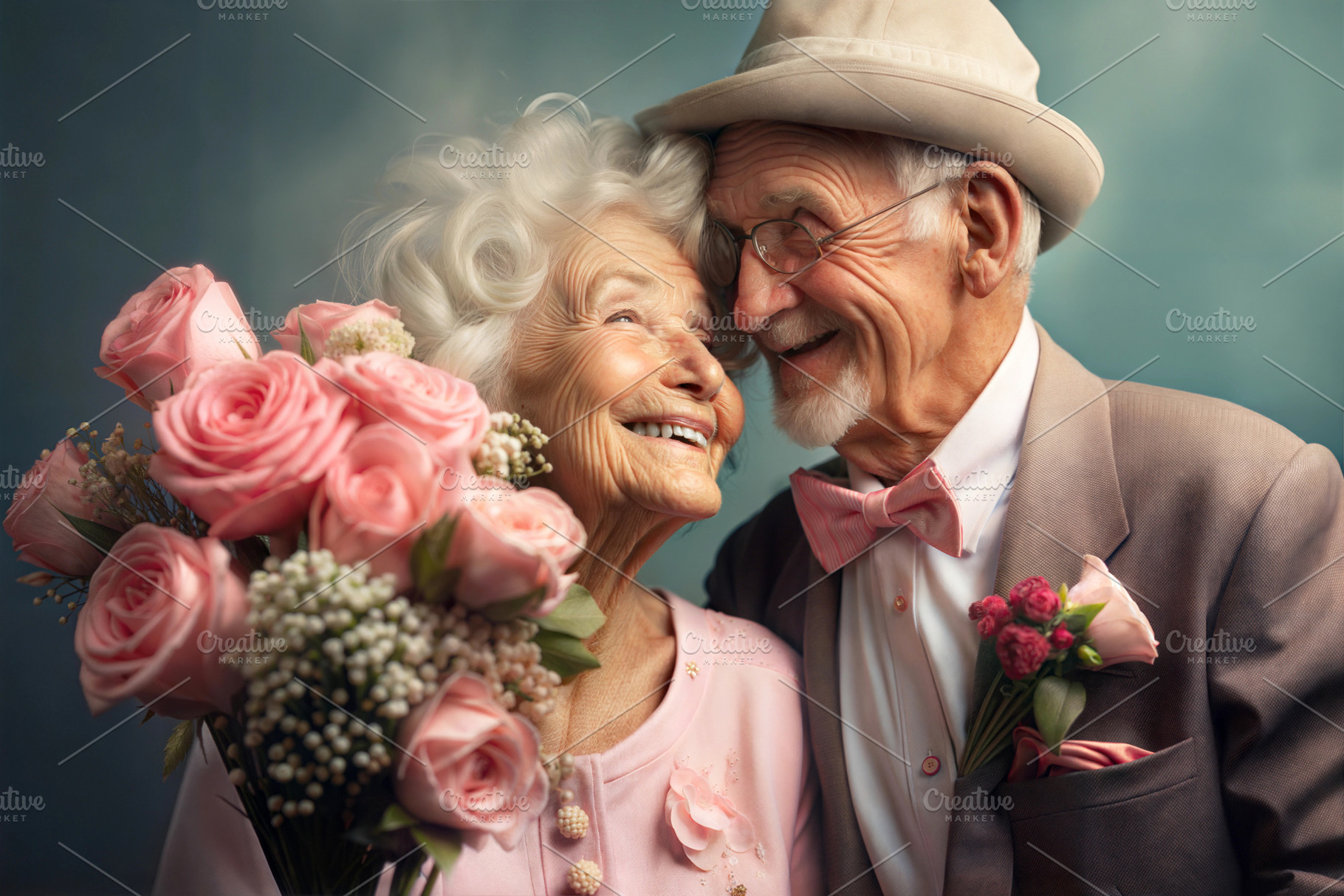 Elderly couple in love, holding pink roses, smiling joyfully., a Person Photo by ImageMir