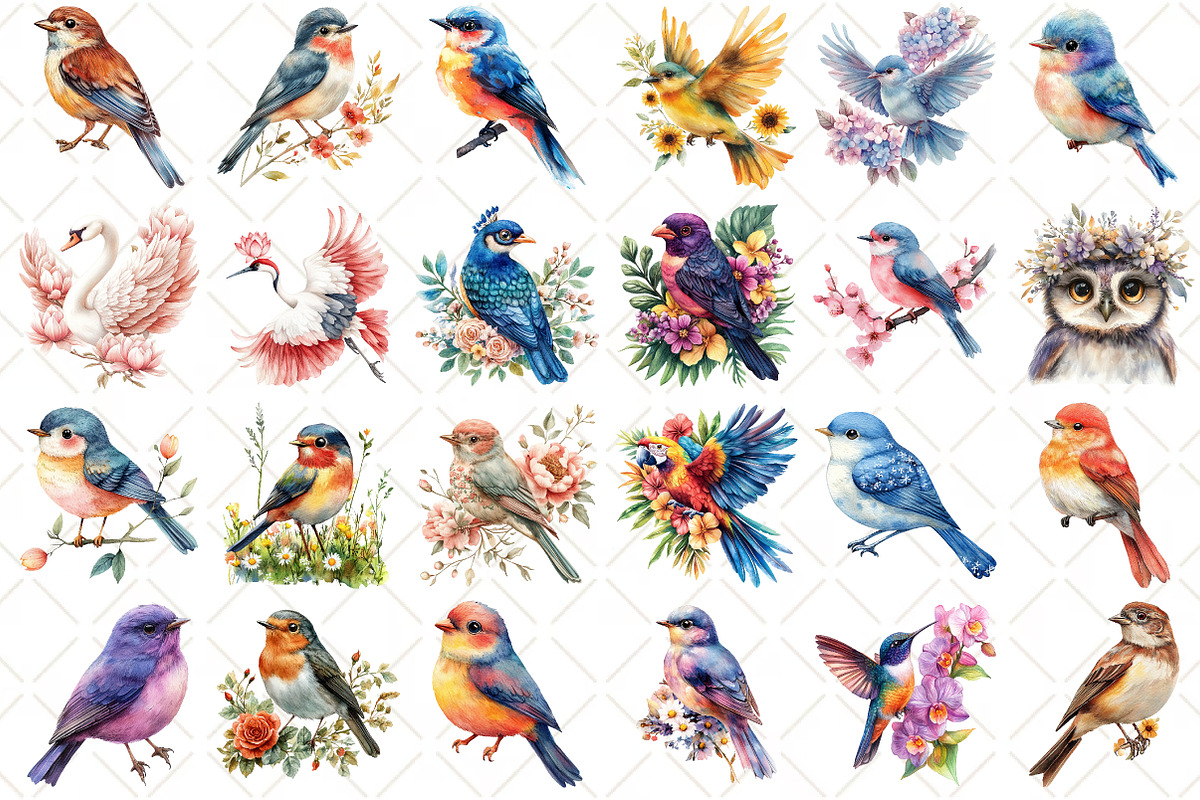 Watercolor Floral Birds Clipart, an Illustration by Black Bird Studio (Photo 2 of 5)