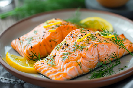 Two perfectly cooked salmon fillets, a Photo by Iftikhar Alam